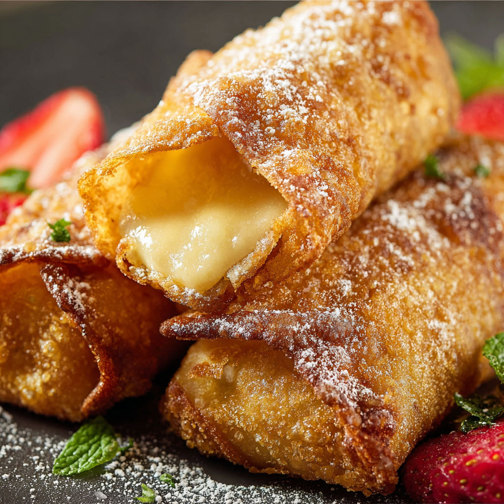 A plate of cheesecake egg rolls with powdered sugar on top.