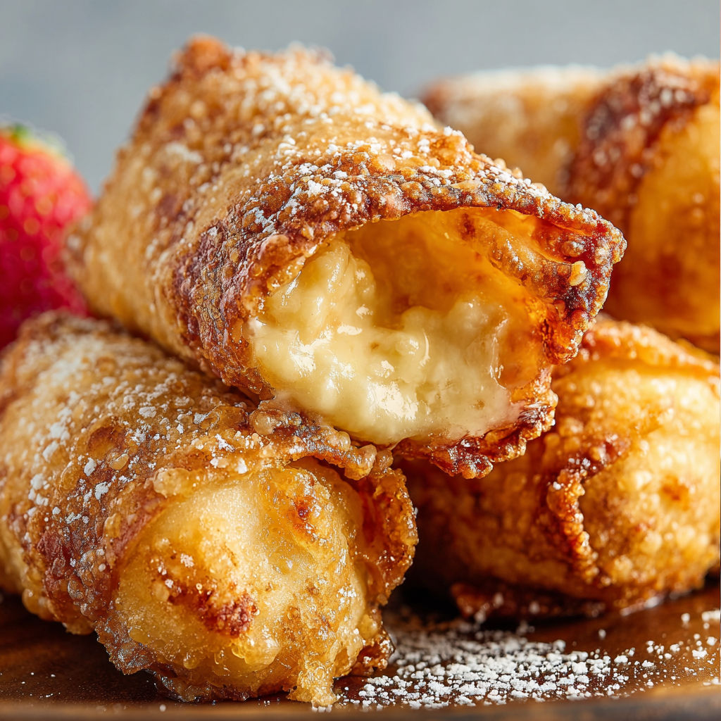 A plate of cheesecake egg rolls with powdered sugar on top.