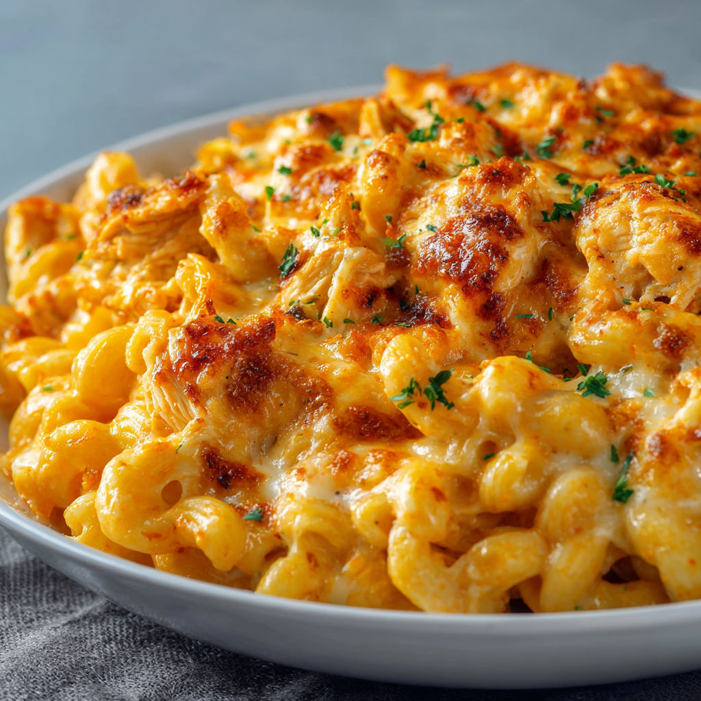 A delicious and cheesy mac and cheese dish with chicken and spicy sauce.