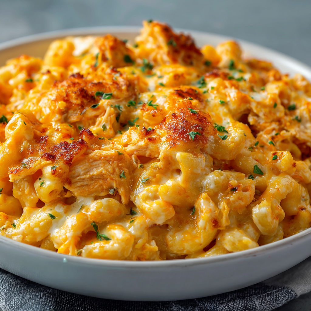 A delicious dish of mac and cheese with chicken and cheese.