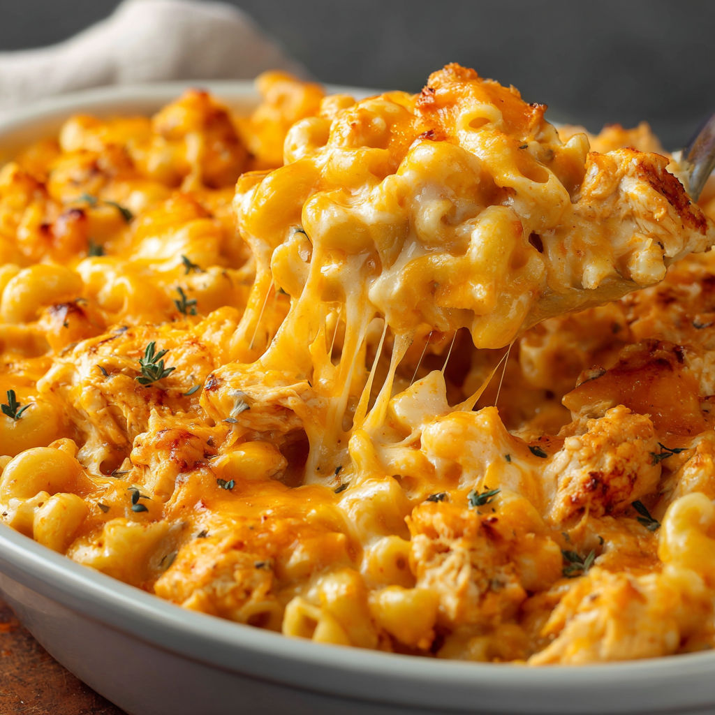 A delicious and cheesy mac and cheese dish with chicken and cheese.