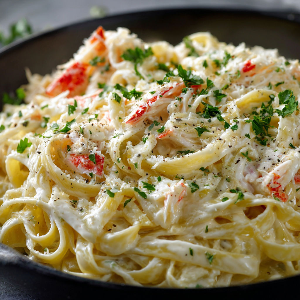 A bowl of pasta with shrimp and cheese, served in a black bowl.
