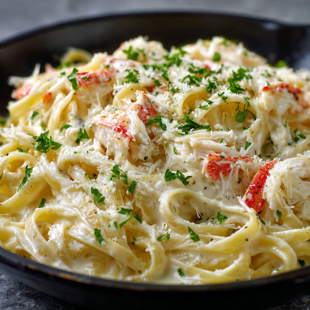 A bowl of pasta with shrimp and cheese, served in a black bowl.