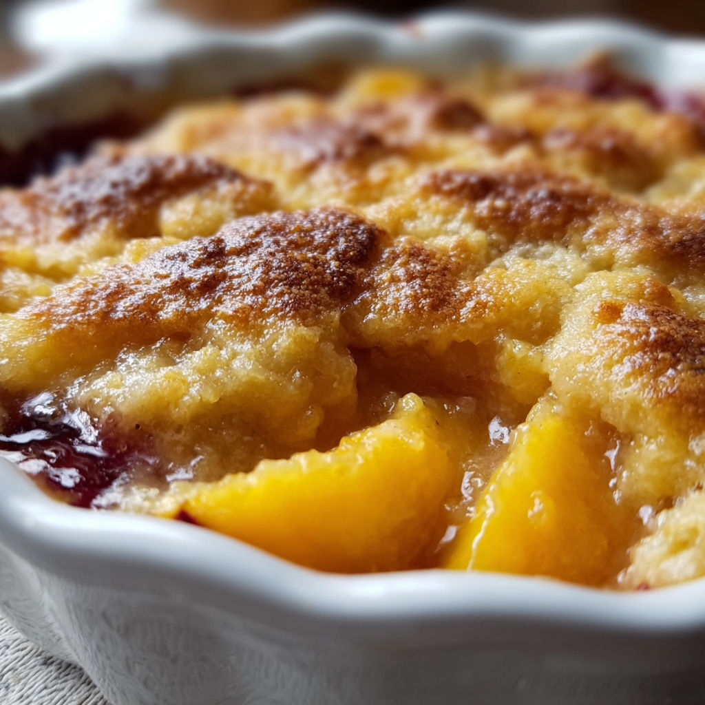 A white bowl filled with a delicious peach cobbler dessert.