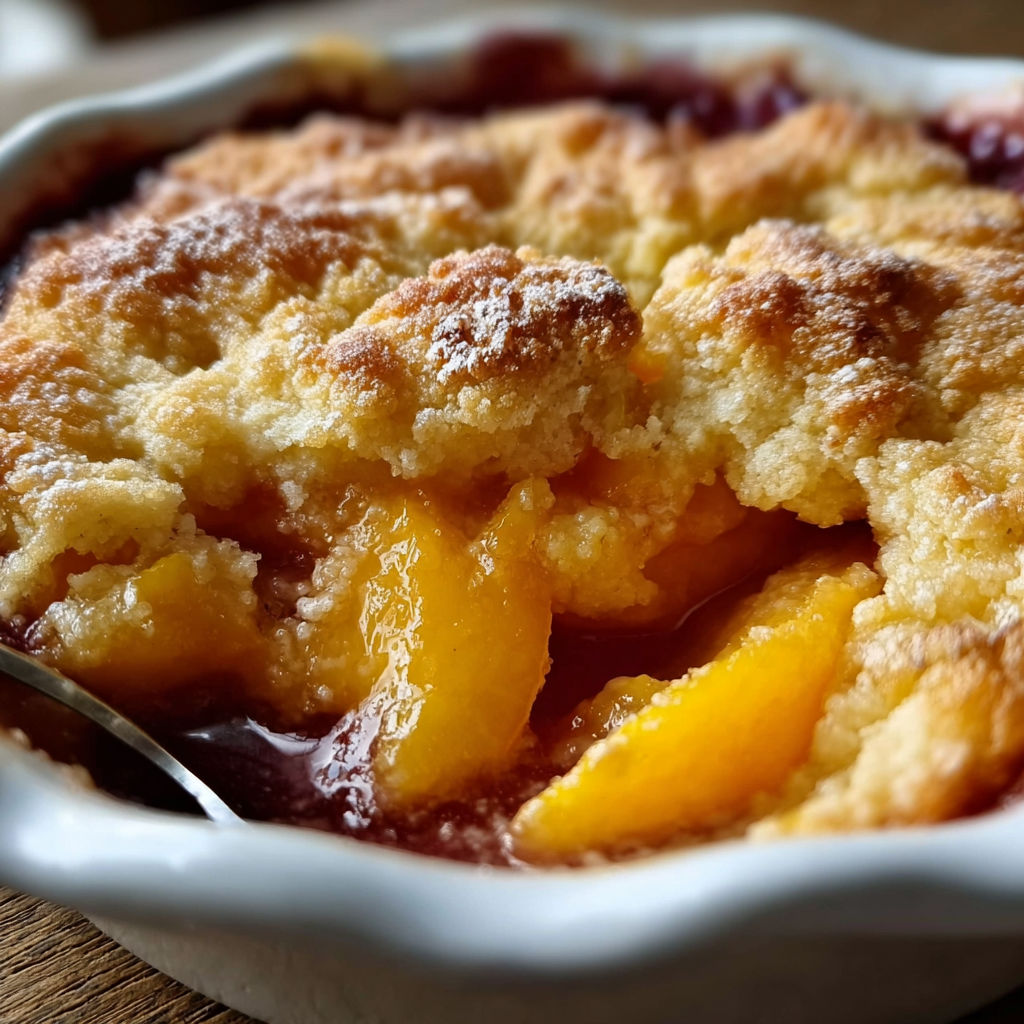 A white bowl filled with a delicious dessert, possibly peach cobbler, is placed on a wooden table.