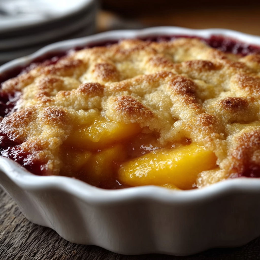 A white bowl filled with a delicious dessert, possibly a peach cobbler, is placed on a wooden table.