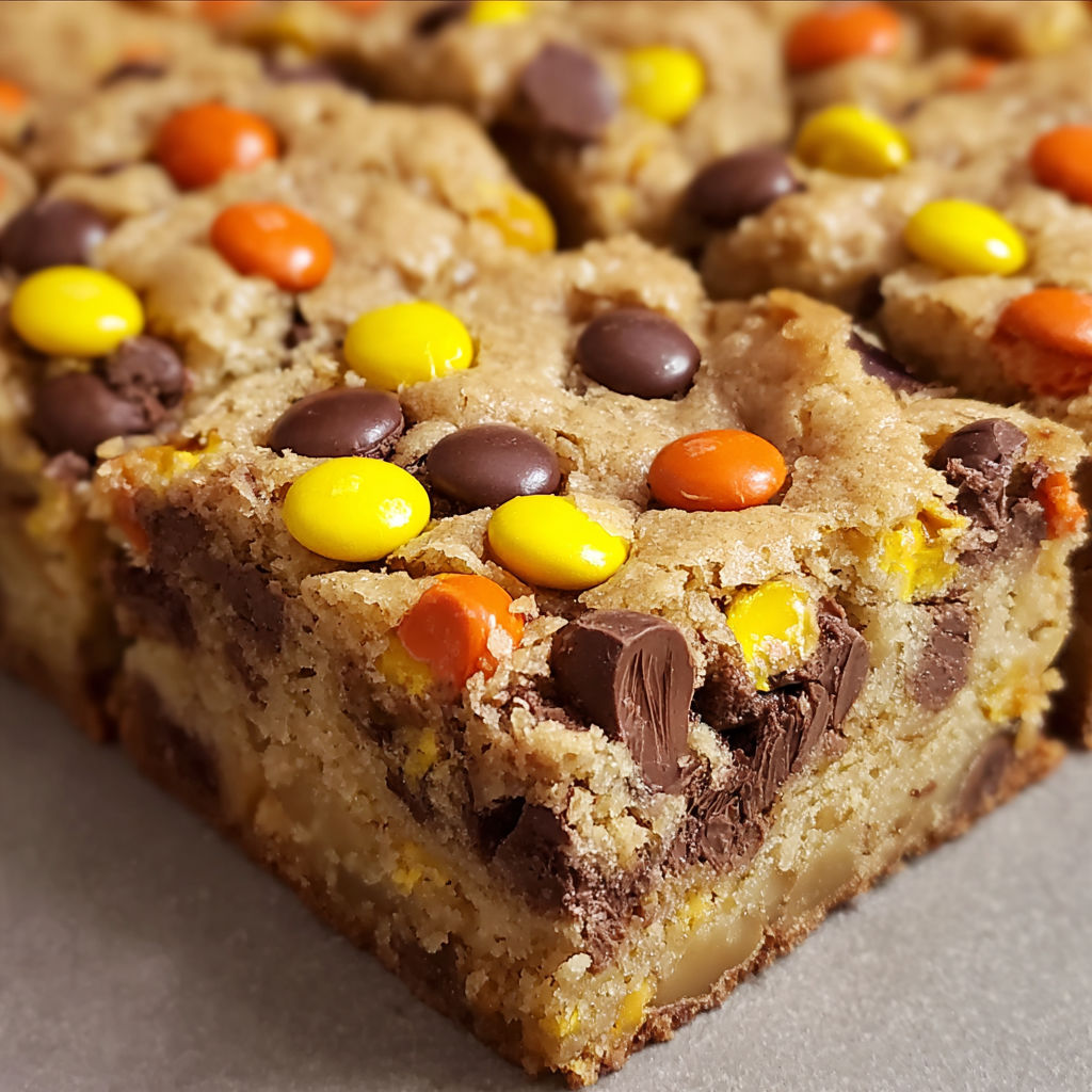 A square of chocolate and peanut butter cake with M&M's.