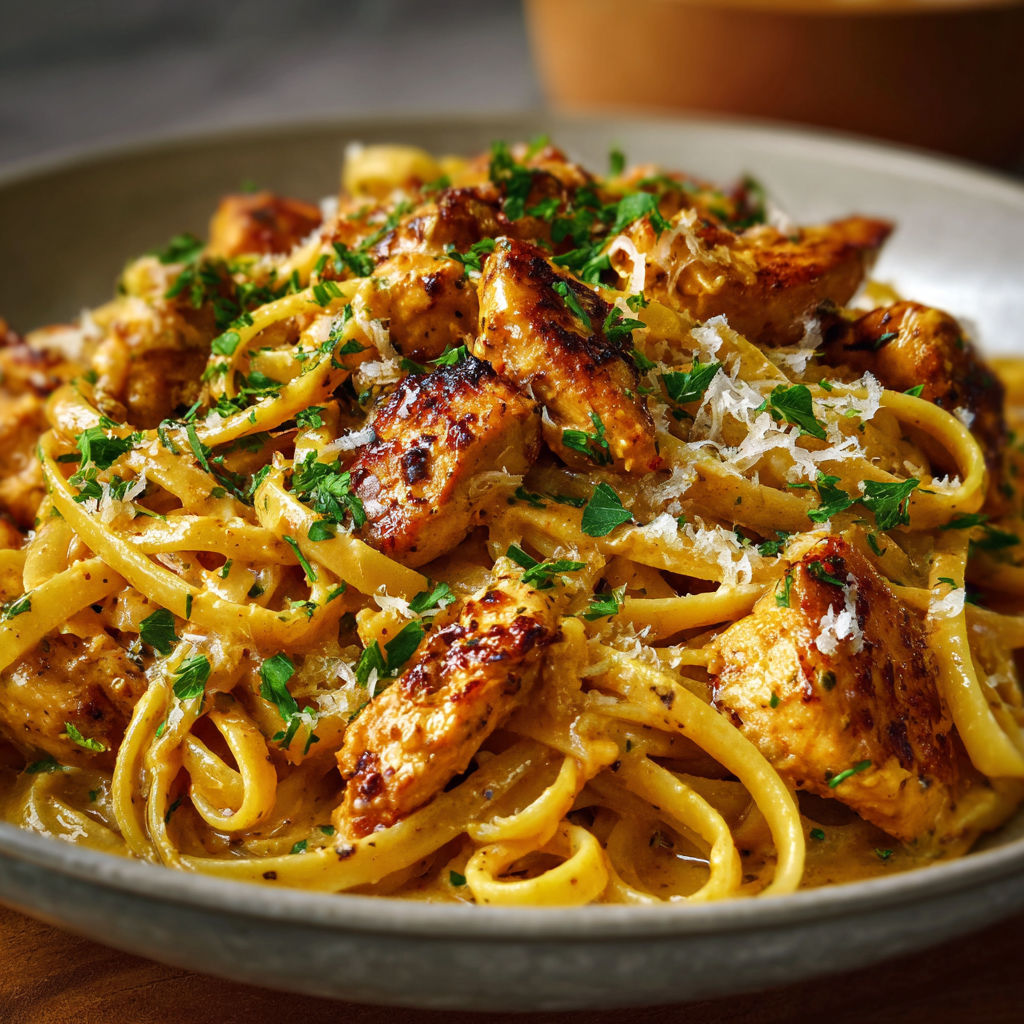 A plate of spaghetti with chicken and cheese on top.