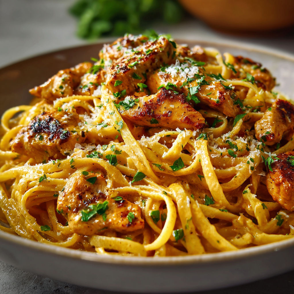 A plate of pasta with chicken and herbs, possibly a chicken Alfredo dish.