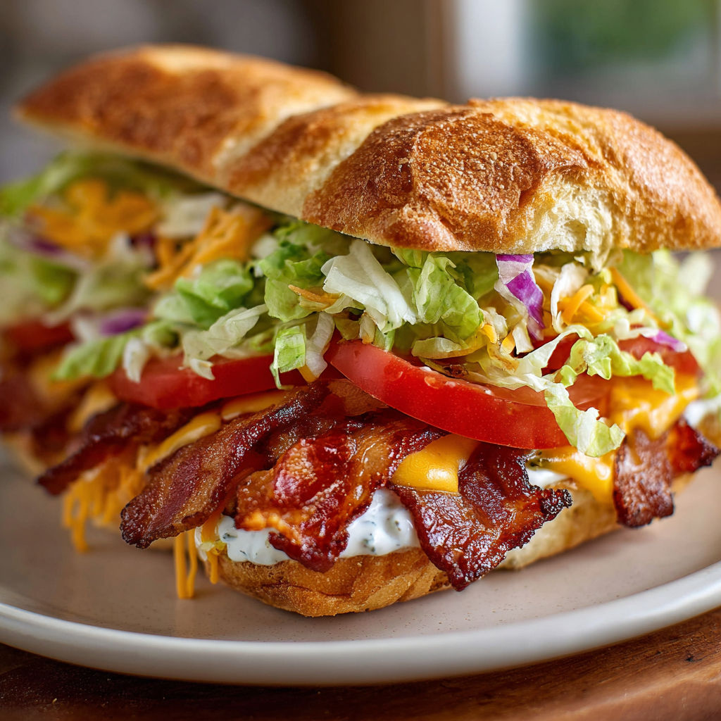 A BBQ Bacon Ranch BLT Sandwich is displayed on a plate.