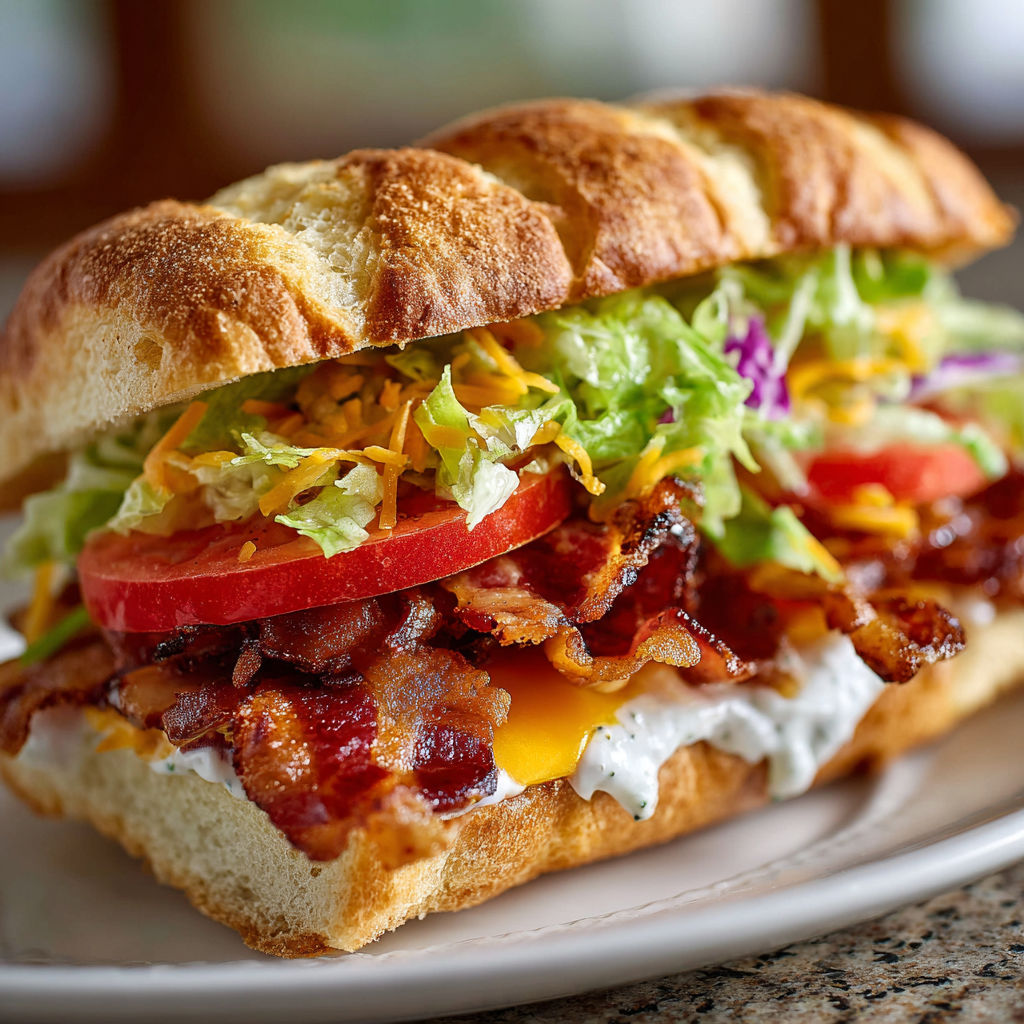 A BBQ Bacon Ranch BLT Sandwich is displayed on a plate.