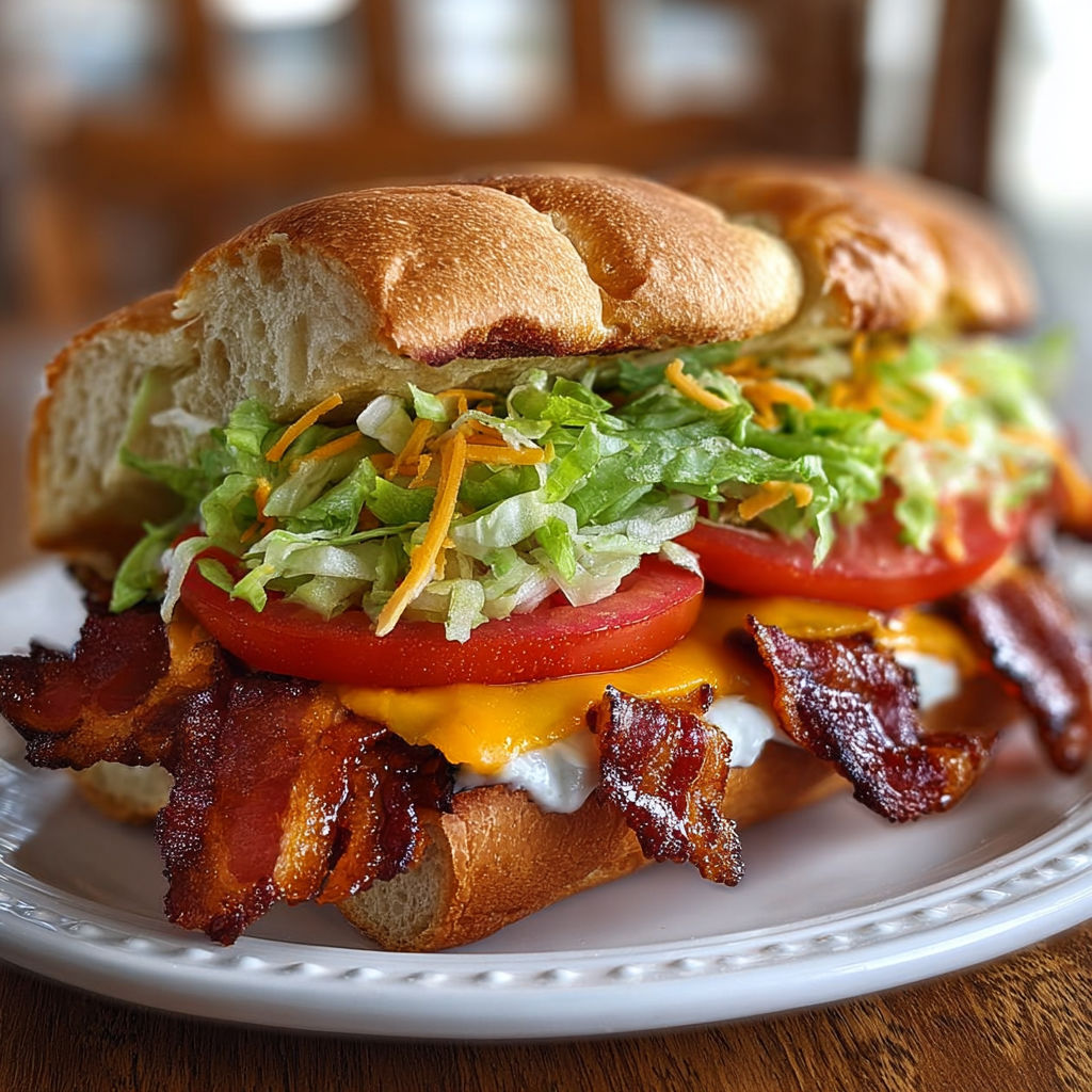 A BBQ Bacon Ranch BLT Sandwich is served on a white plate.