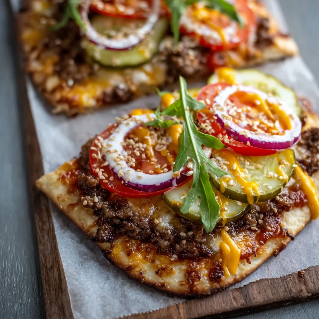 A pizza with tomatoes, onions, and cheese is served on a wooden board.