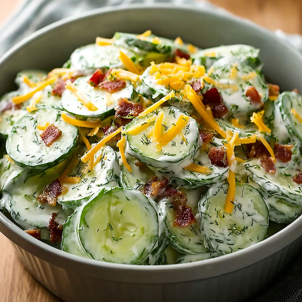 A bowl of cucumber salad with bacon bits on top.