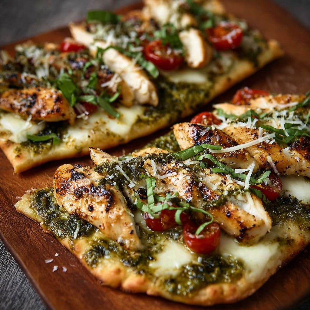 A delicious Pesto Chicken Flatbread with cheese and tomatoes.