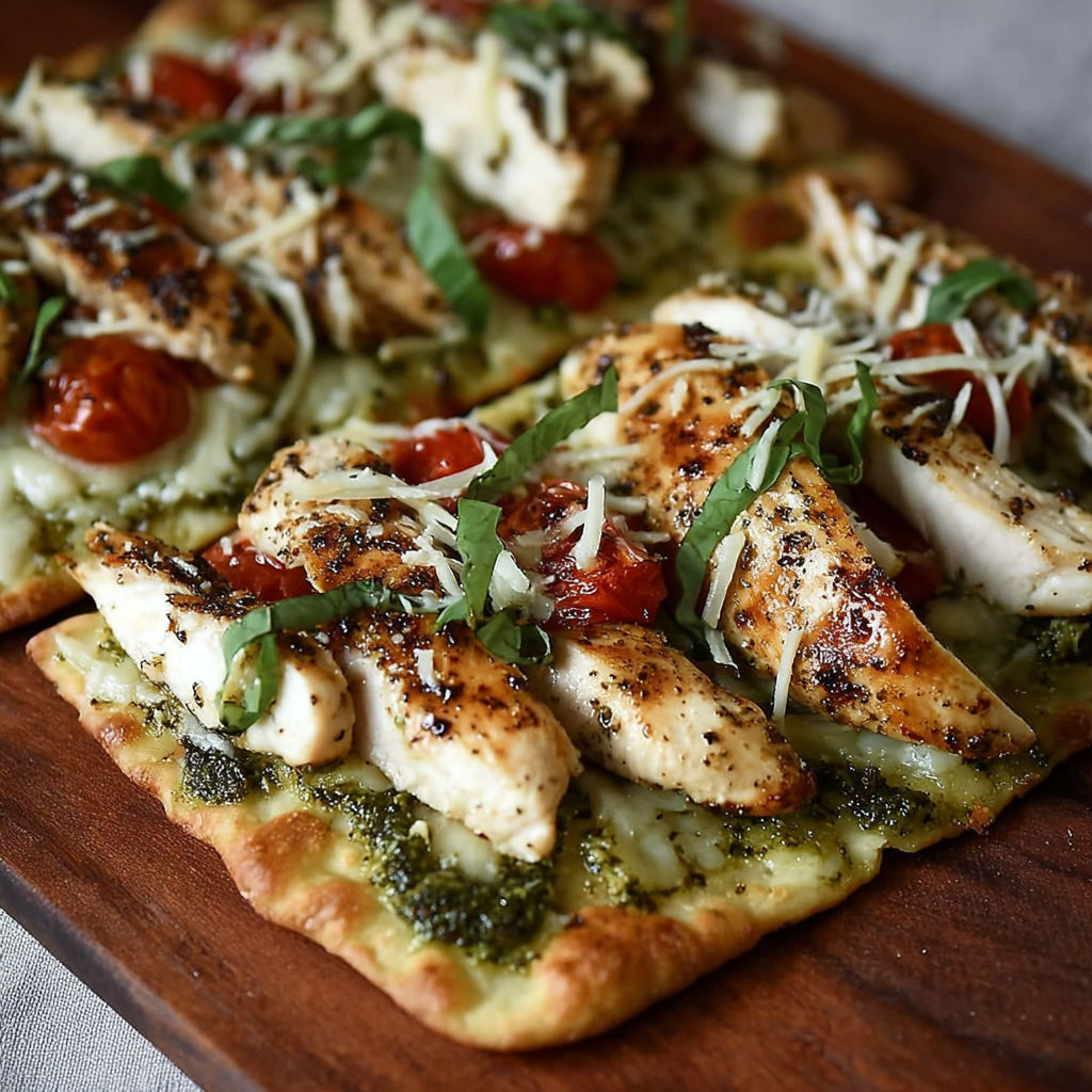 A delicious Pesto Chicken Flatbread with a variety of toppings.