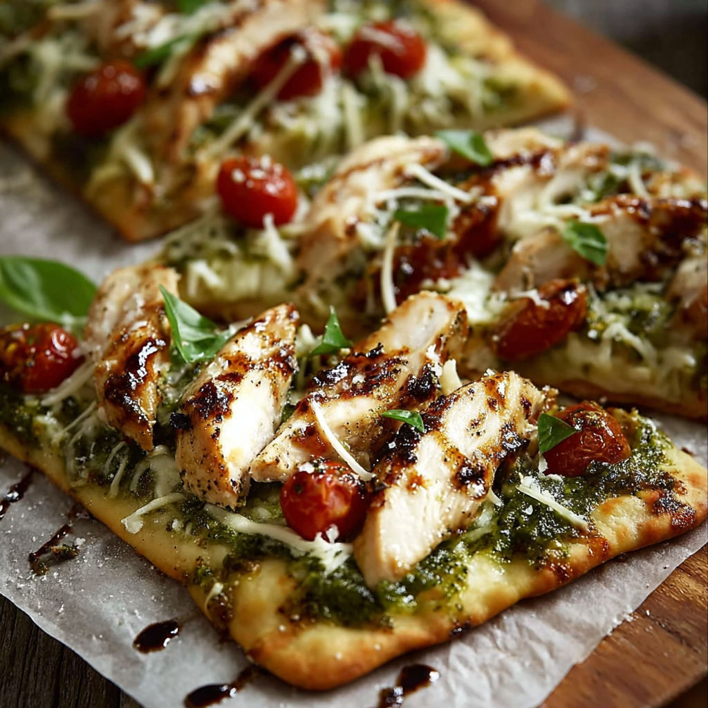 A delicious Pesto Chicken Flatbread is ready to be enjoyed.
