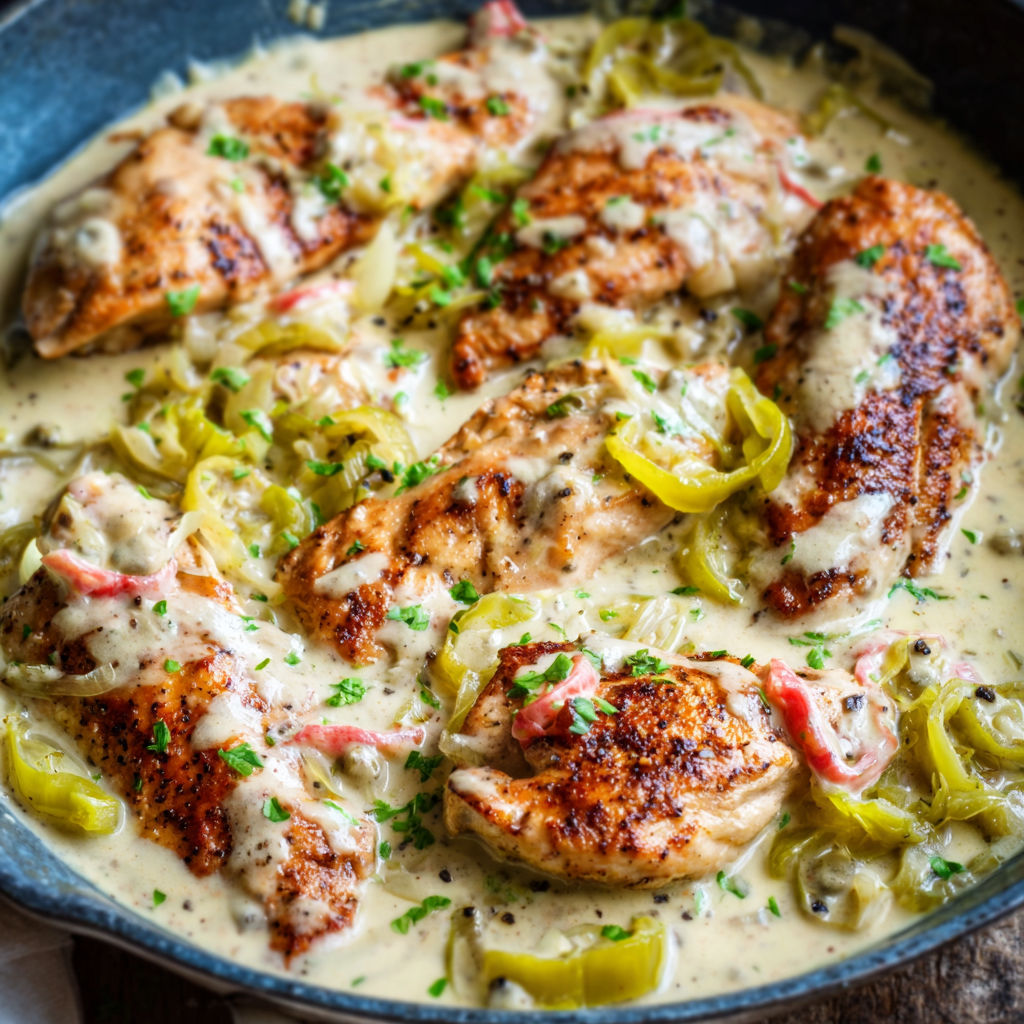 A delicious dish of chicken with vegetables, including peppers and onions, served in a bowl.