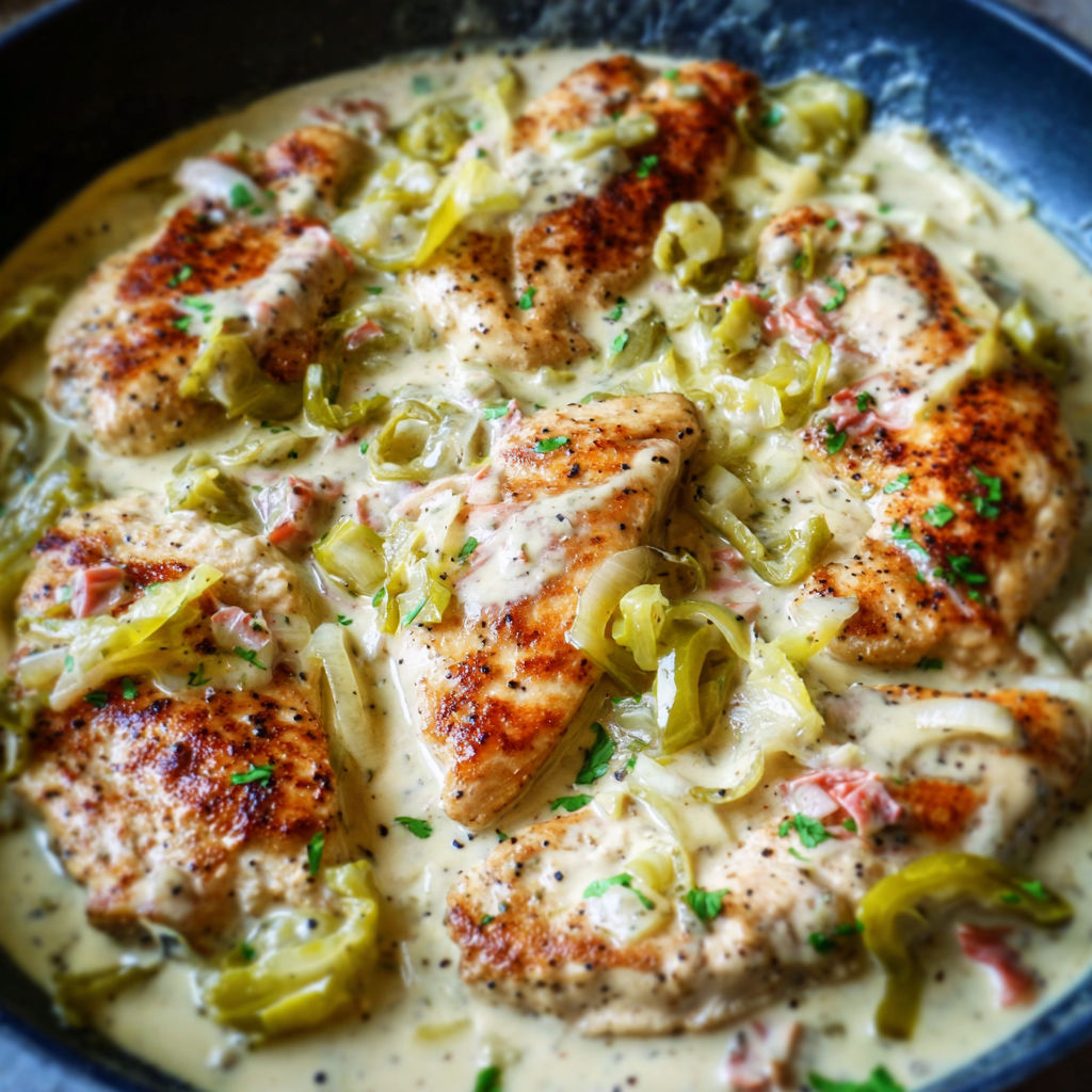 A delicious meal of chicken with onions and peppers, served in a black bowl.