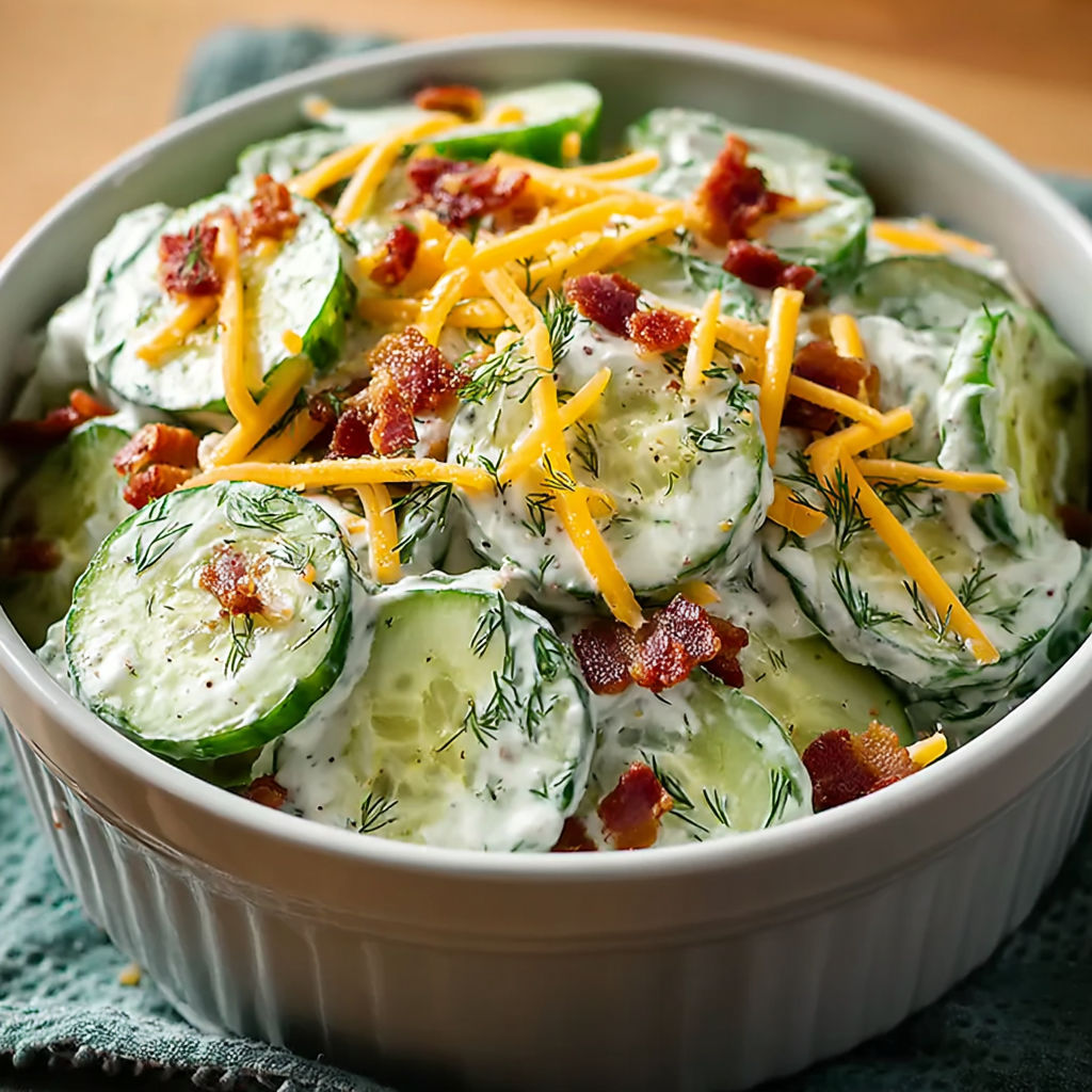 A white bowl filled with a delicious bacon and cheese cucumber salad.