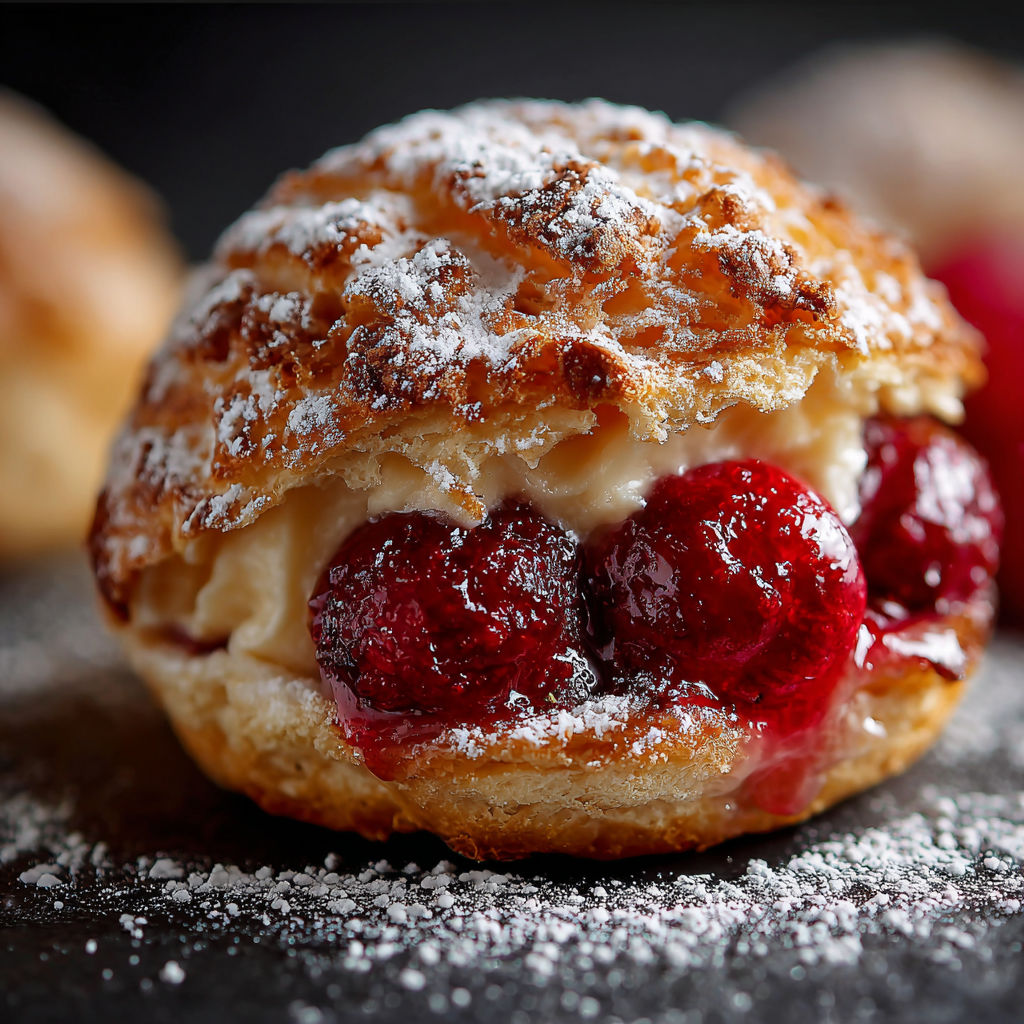 A close up of a delicious cherry pie bomb with a generous amount of powdered sugar on top.