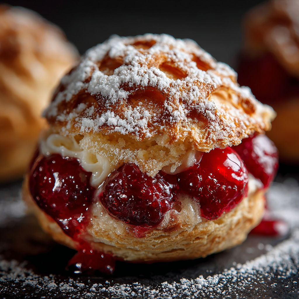A close-up of a delicious cherry pie bomb, with a generous amount of cherries and powdered sugar on top.