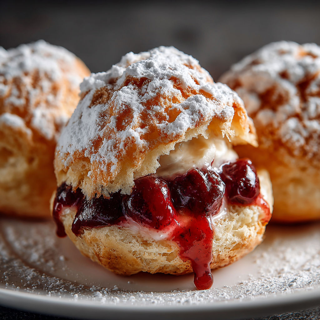 A plate with three delicious cherry pie bombs, each with a generous amount of whipped cream and cherries.