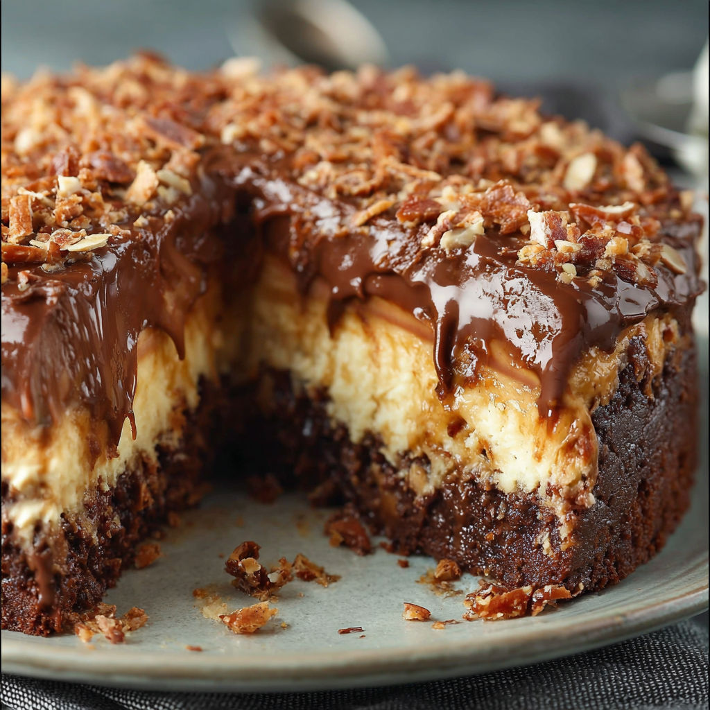 A slice of chocolate cake with caramel drizzle on a plate.