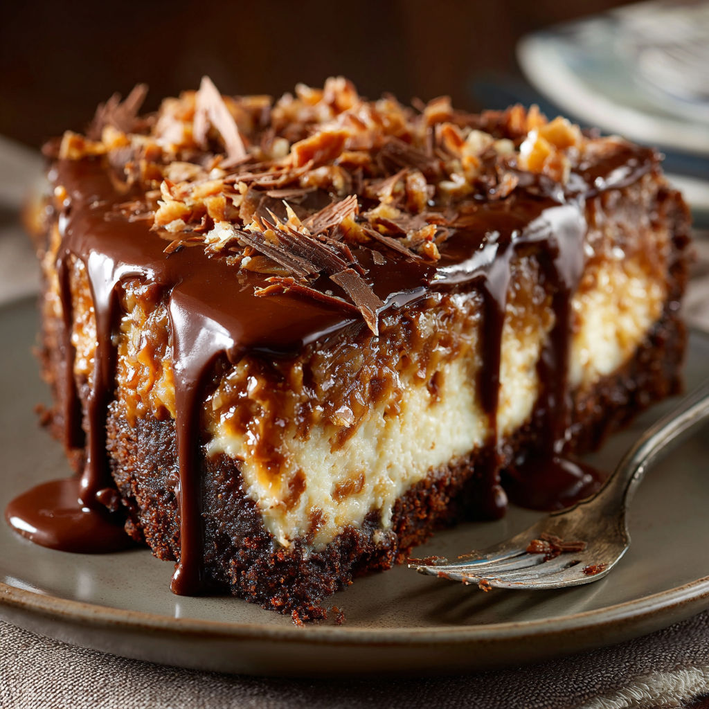 A slice of chocolate cheesecake with caramel drizzle on a plate.