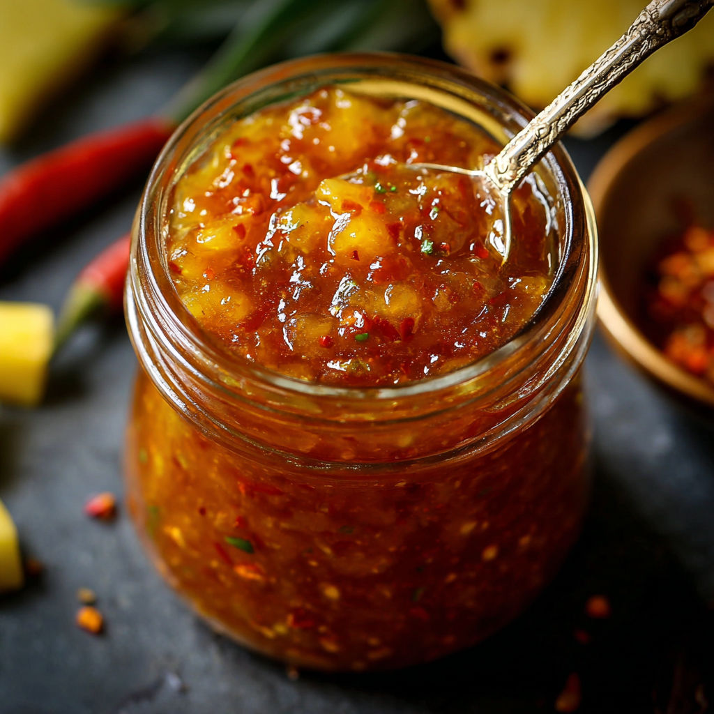 A jar of Sweet Chili Pineapple Sauce is being poured into a bowl.