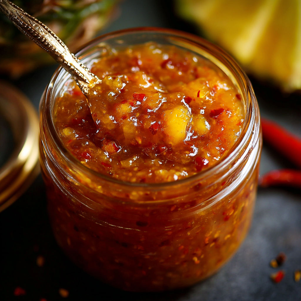 A jar of peach jam is being scooped out with a spoon.