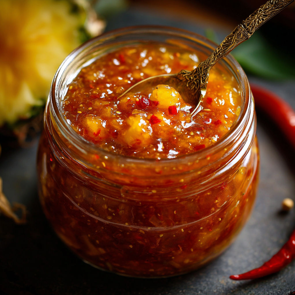 A jar of red pepper jelly is being scooped out with a spoon.