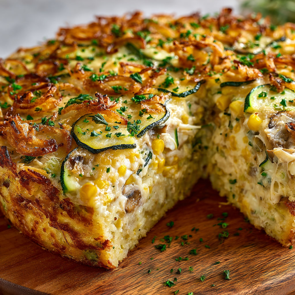 A slice of Sweet Corn Zucchini Pie Delight is displayed on a wooden cutting board.