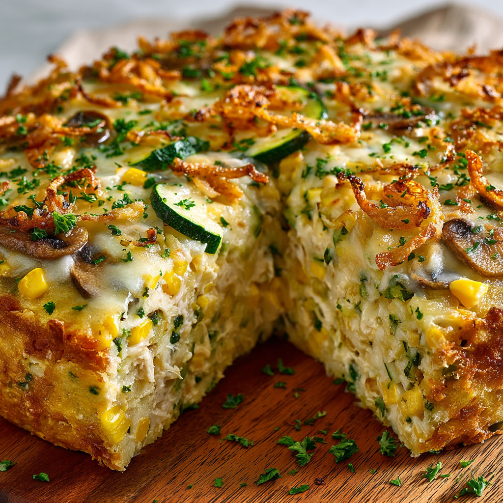 A slice of a casserole dish with a slice of zucchini and mushroom on top.