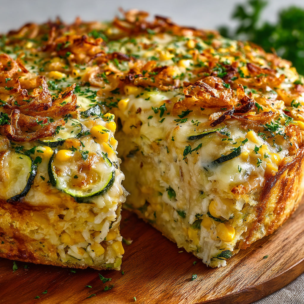 A slice of a casserole dish with a corn and zucchini topping.