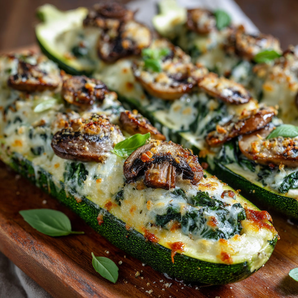 A delicious spinach mushroom ricotta zucchini dish is served on a wooden platter.