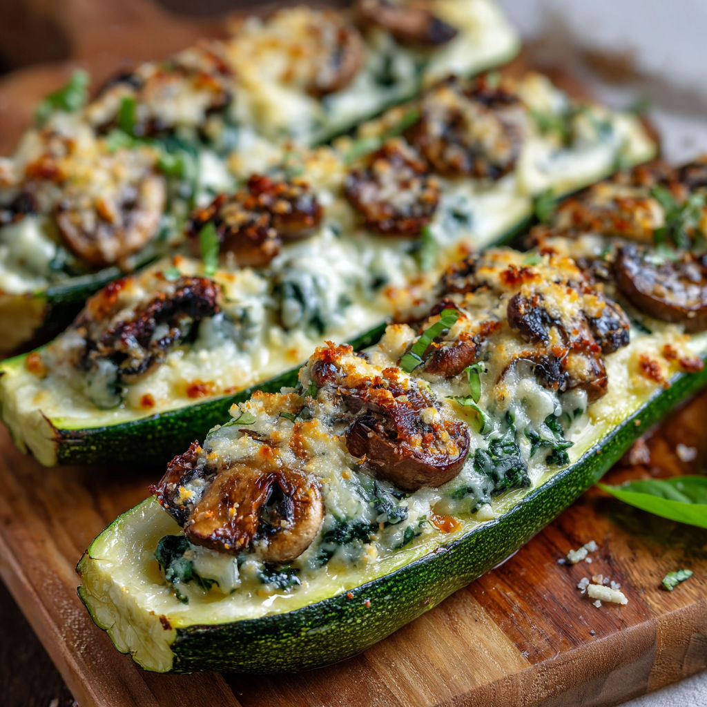 A delicious vegetable dish made with zucchini, mushrooms, and cheese, served on a wooden cutting board.