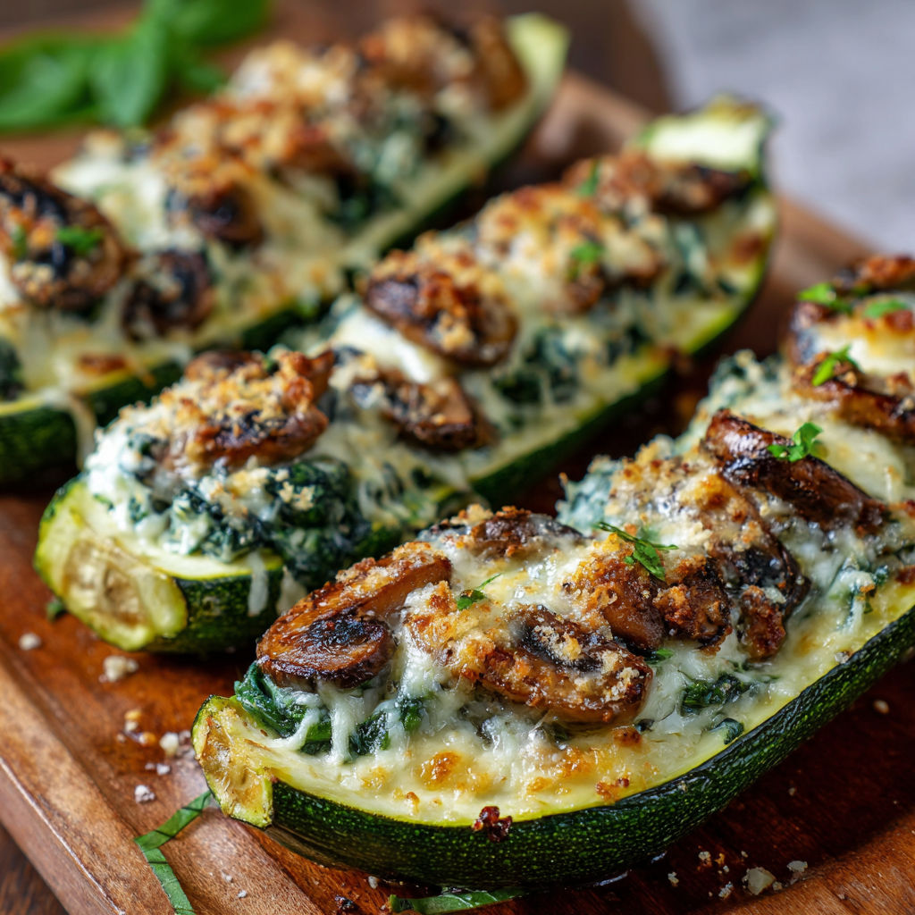 A wooden cutting board holds a delicious vegetable dish, featuring zucchini boats filled with cheese and mushrooms.
