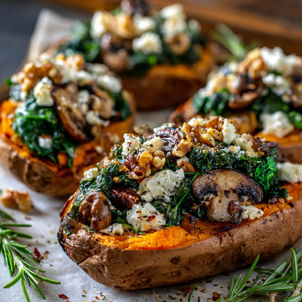 Three stuffed sweet potatoes with spinach and feta cheese on a table.