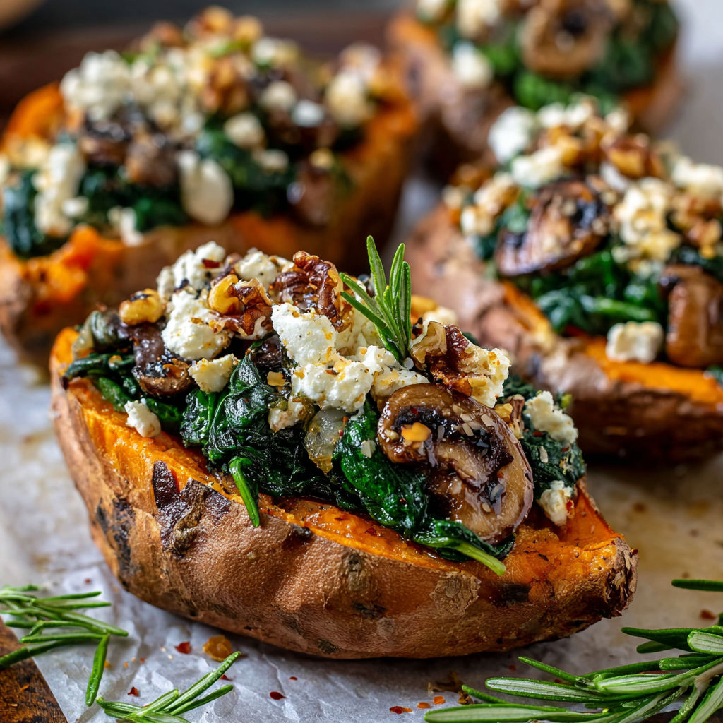 A close up of a stuffed sweet potato with spinach and feta cheese.