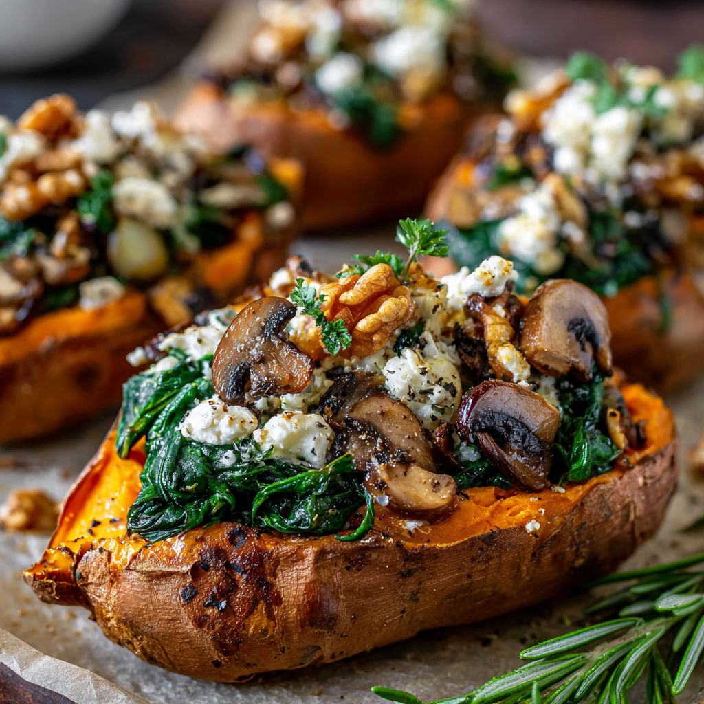 A delicious and healthy meal of stuffed sweet potatoes with spinach and feta cheese.