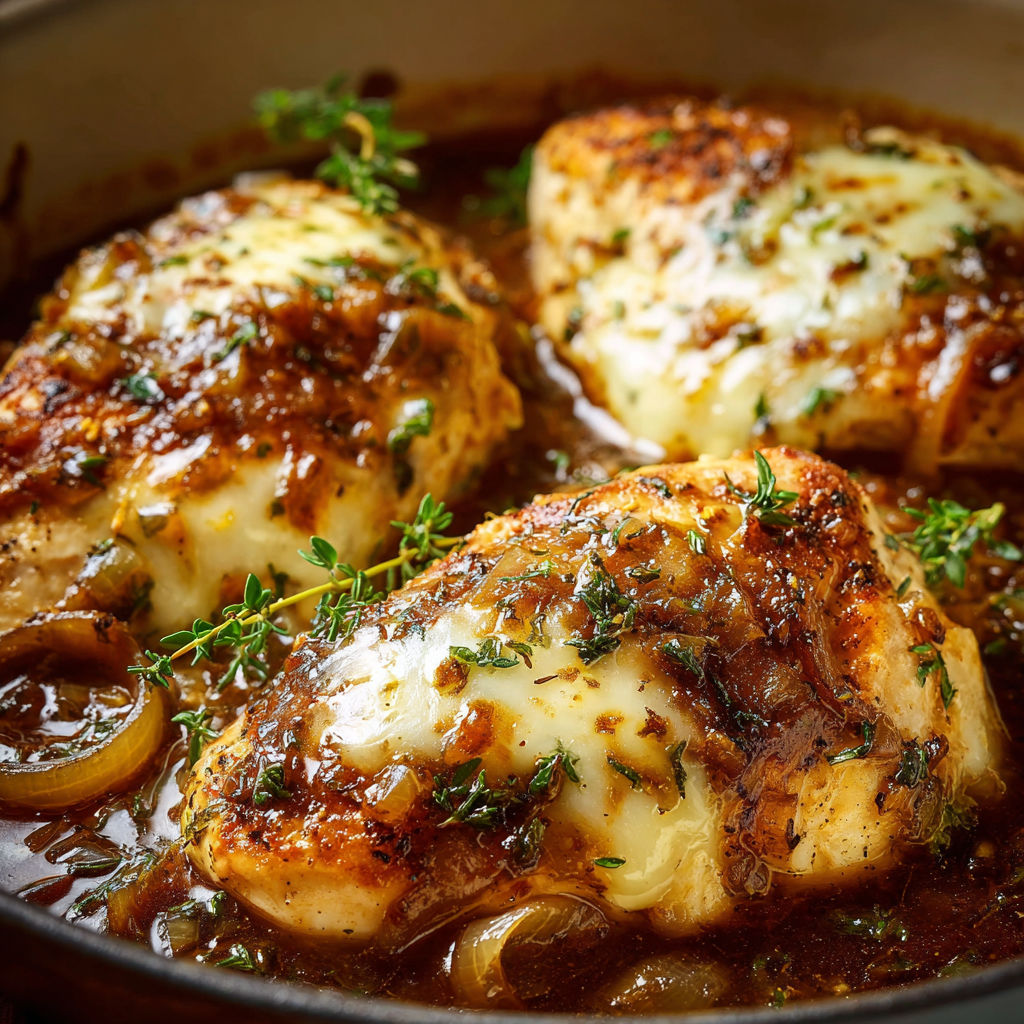 A delicious French Onion Chicken Breast dish is cooked and ready to be served.