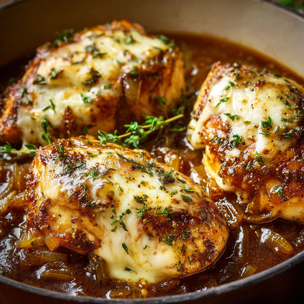 A pan of chicken with onions and herbs, cooked in a savory sauce.