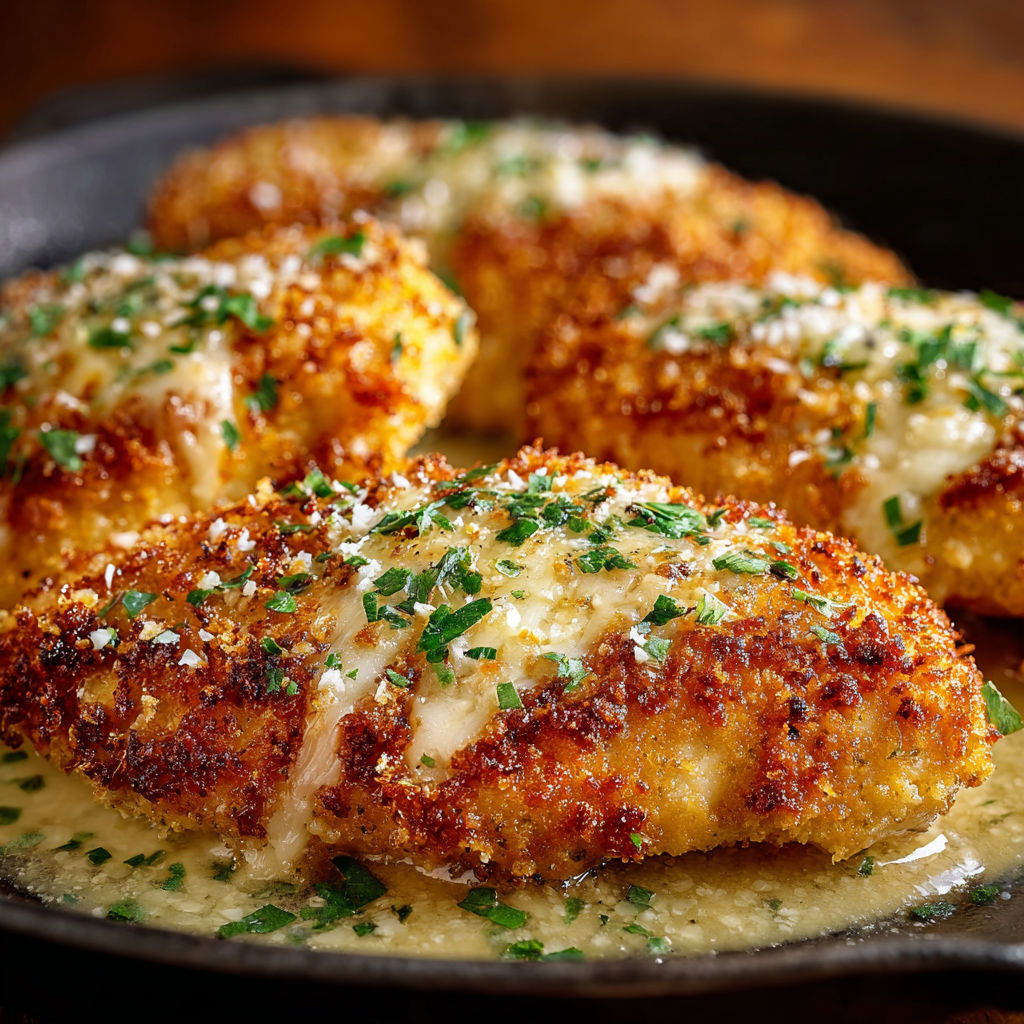 A plate of breaded chicken with a creamy sauce, likely a cream sauce, is served on a dining table.