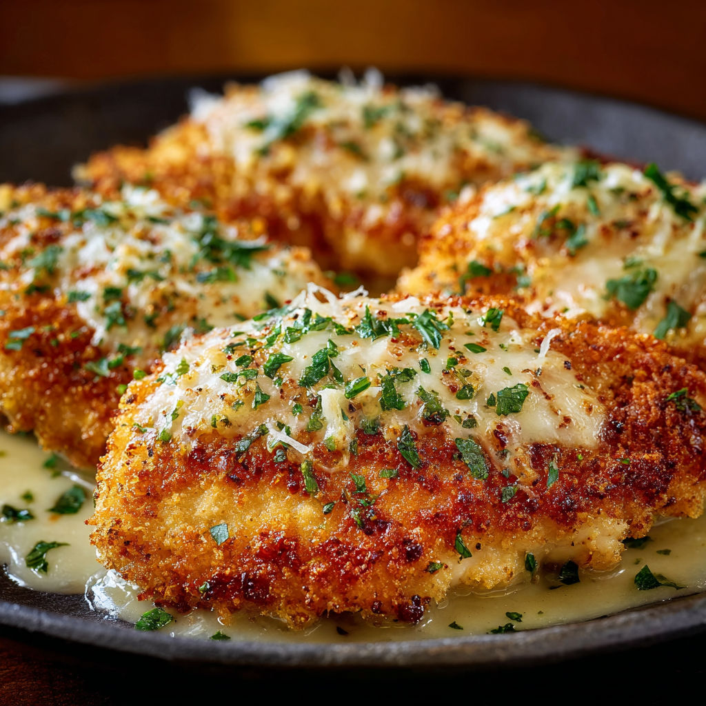 A plate of chicken covered in cheese and herbs.