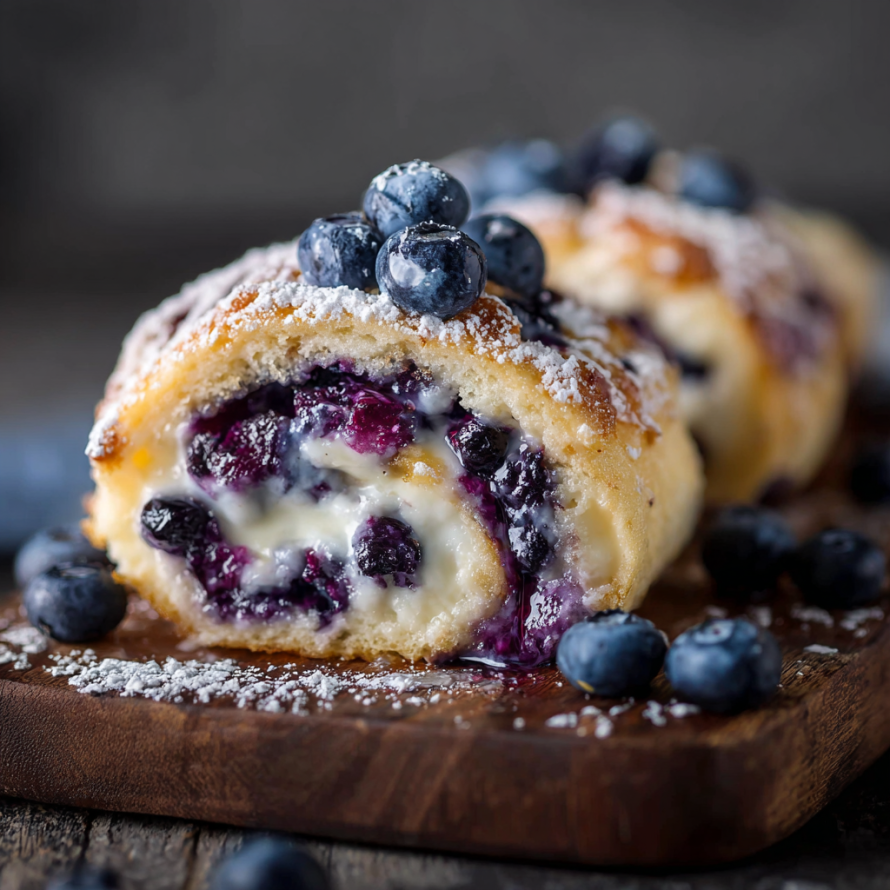 A delicious dessert made with blueberries and cheesecake, rolled up and topped with powdered sugar.
