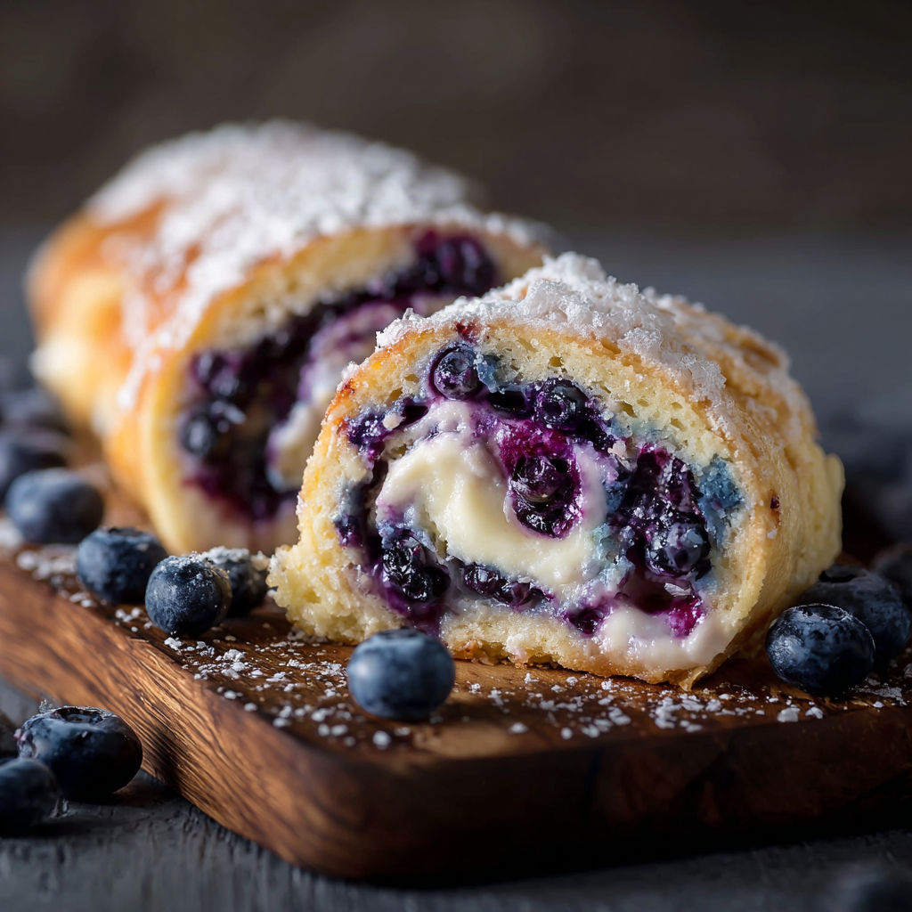 A blueberry cake roll is displayed on a wooden platter.
