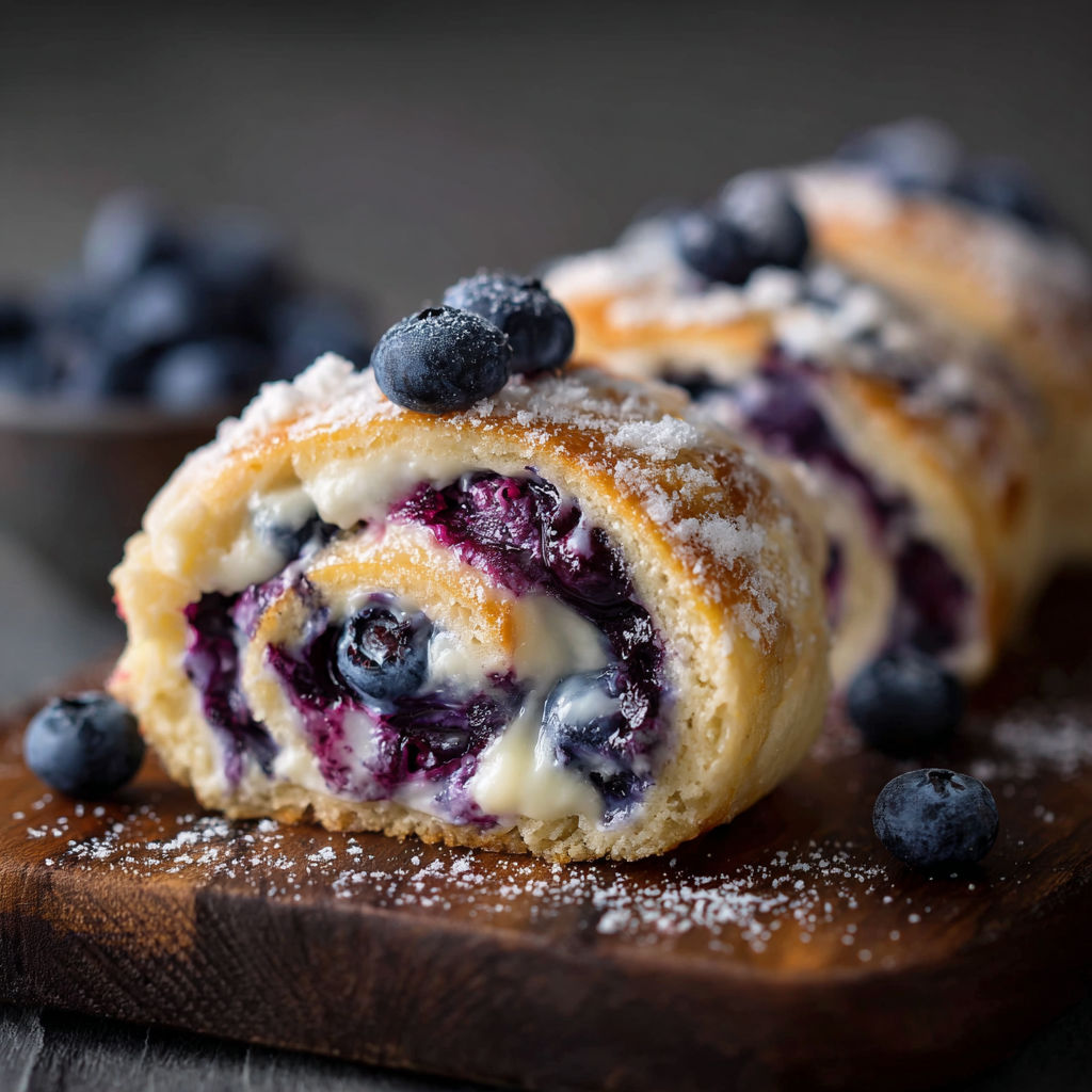 A blueberry swirl pastry is displayed on a wooden cutting board.