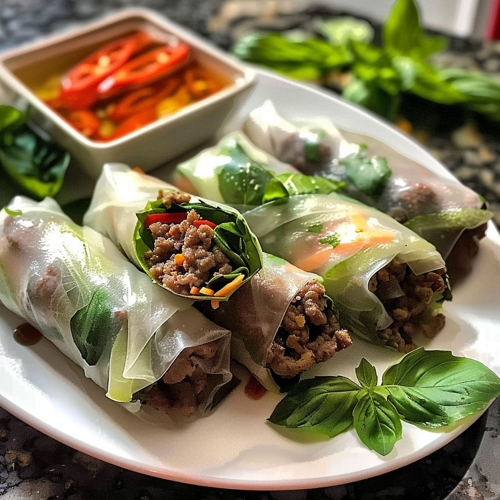 A plate of Thai Basil Beef Rolls, with a bowl of dipping sauce nearby.