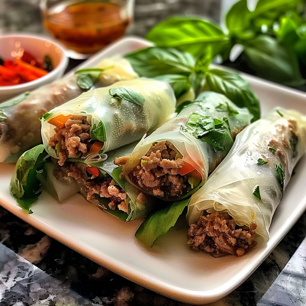 A plate of meat and vegetable wraps, also known as spring rolls, are displayed on a table.
